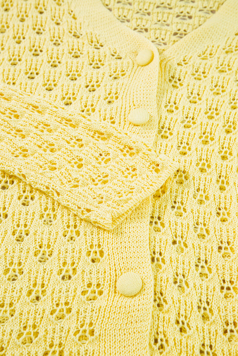 Yellow Pointelle Knit V Neck Sweater Cardigan